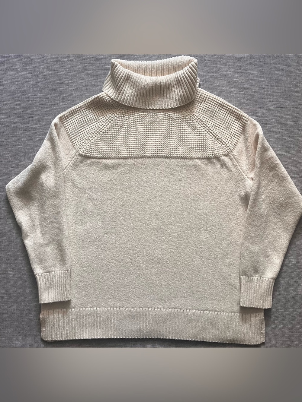 L.L. Bean Cozy Slouchy Cream Turtleneck Sweater with Textured Yoke